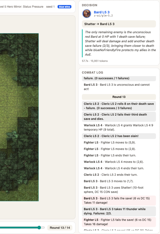 The Decision panel and combat log during GLM 5.2&rsquo;s win over the scripted AI