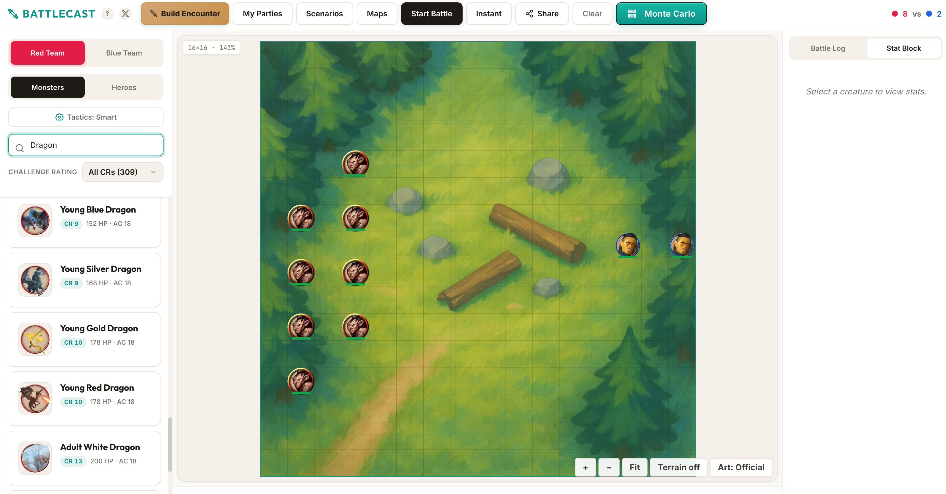 BattleCast - D&D 5e combat simulator with grid-based battles