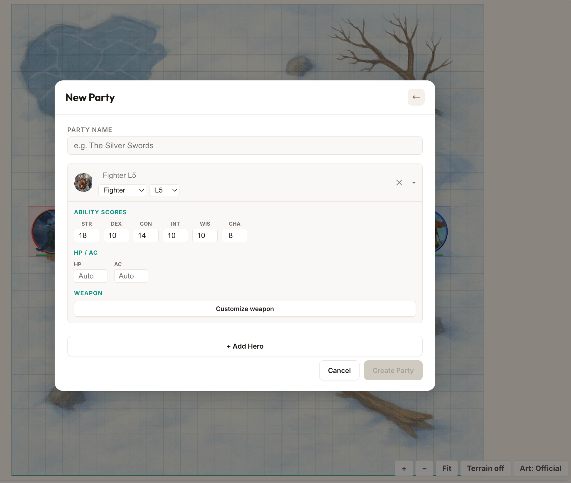 Custom Party Builder - create heroes with custom ability scores, weapons, and spells
